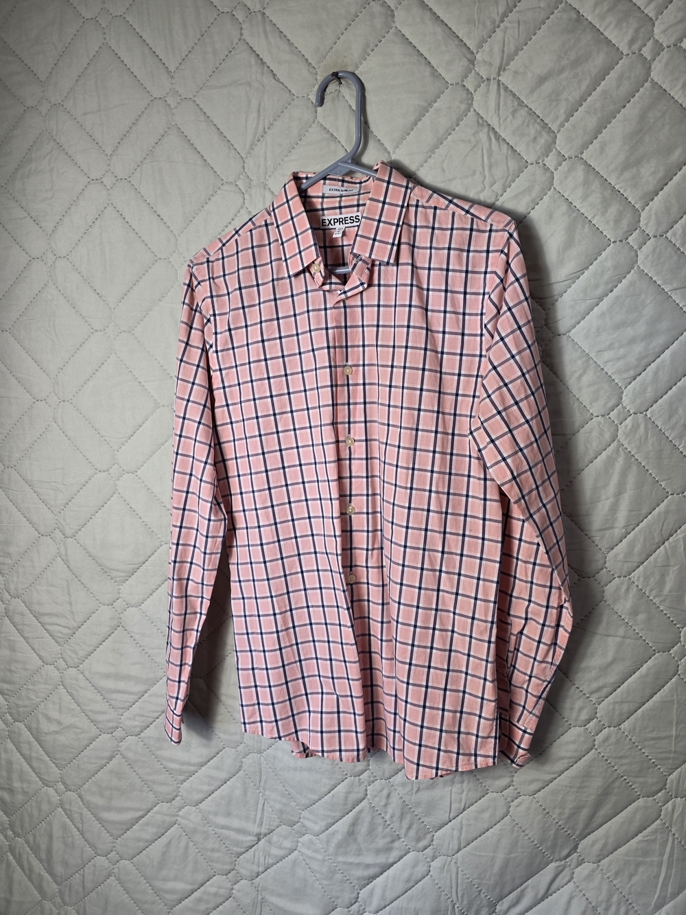Express Men’s Pink Windowpane Button-Up Dress Shirt Sz M